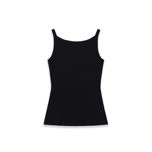 Classic black ribbed knit camisole top with thin spaghetti straps for women on white background