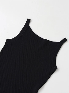 Close-up of black sleeveless ribbed knit camisole top with detailed fabric texture