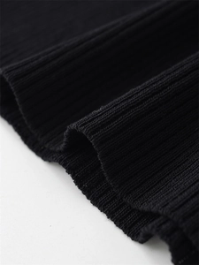 Close-up of black ribbed knit fabric showing fine vertical texture and soft elastic quality