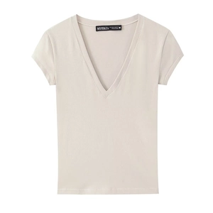 Slim fit V-neck short sleeve T-shirt for women in light beige with soft premium fabric