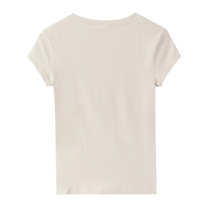 Slim fit short sleeve V-neck T-shirt for women in beige seen from a rear view layout