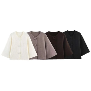 Women Fashion Loose Knit Short Cardigan Flare Sleeve Round Neck Button Up Solid Color Casual Sweater Coat