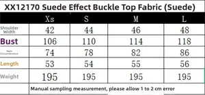 Detailed size chart for faux suede buckle top with shoulder and chest measurements