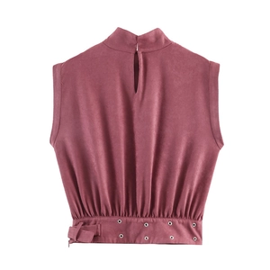 Western style faux suede sleeveless crop top with buckle hem and high neck in dusty rose
