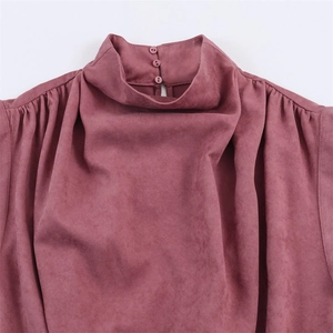 Faux suede high neck top in dusty rose with pleated collar and back buttons