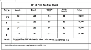 Size guide for pink poplin long sleeve shirt with detailed length and bust measurements