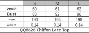Size guide table for lace georgette top with length, bust, and hem measurements in cm