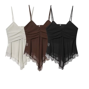 Women's V-neck camisole tops in grey, brown and black with lace trim hem detail