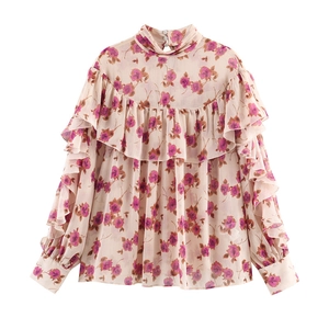 Blouse Florale Douce Française pour Femmes Col Montant Volants Manches Longues Bouffantes Top en Mousseline à Imprimé Roses