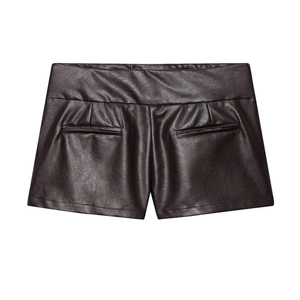 Pantaloncini da donna in ecopelle marrone scuro a vita alta con tasche decorative