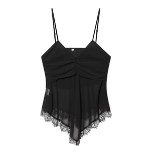Women's sexy black V-neck camisole featuring georgette pleats and eyelash lace trim hem