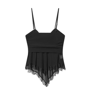 Women's black lace camisole top with pleated bust and handkerchief hemline