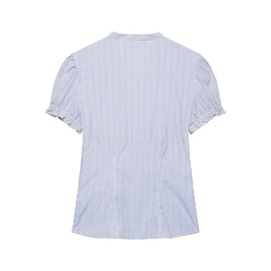 Camicia in popeline a righe blu da donna con maniche a sbuffo e cuciture strutturali