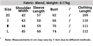 Size chart for casual long-line shirt showing XS-L measurements in centimeters