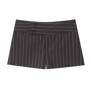 Women Pinstripe Shorts Slim Fit Wide Waistband Decorative Buttons Polyester Spandex Casual Elegant Striped Bottoms Brown