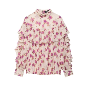 Women Retro Floral Ruffle Chiffon Blouse Long Sleeve High Neck Elegant Rose Print Loose Fit Casual Romantic Spring Top