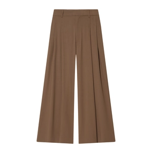Pantalon large marron foncé à plis plats avec taille haute et passants de ceinture