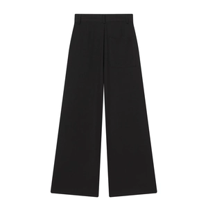 Vue détaillée du pantalon noir à jambes larges montrant la poche arrière et les passants