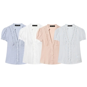 Camicia Da Donna Con Scollo A V E Volant Manica Corta A Righe Tinta Unita Manica A Sbuffo Bottoni Casual Ufficio Moda Top