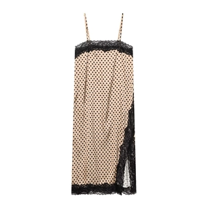 Women Vintage Polka Dot Print Satin Slip Midi Dress With Black Lace Trim Slit Hem Elegant Sleeveless Summer Party Dress