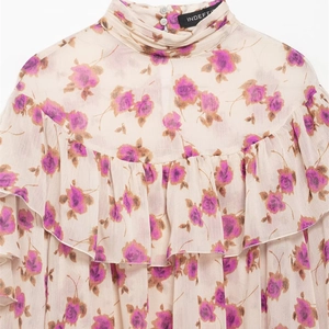 Elegant beige floral chiffon top featuring purple rose prints and ruffled stand collar