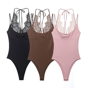 Spitzen-Halter-Bodysuit für Damen in Schwarz, Braun und Rosa aus elastischem Stoff