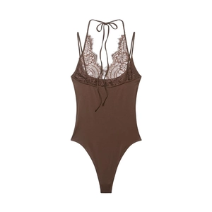 Dunkelbrauner Neckholder-Body mit exquisiter Blumenspitze und schlankem Passform-Design