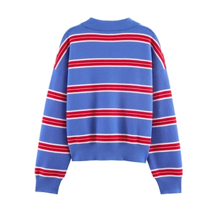 Pull en maille rayé bleu pour femme avec col polo et finitions côtelées en vue à plat