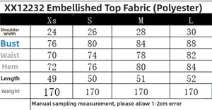 Detailed size chart for polyester vest top featuring XS-L dimensions and measurements