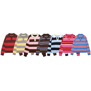 Women's V-neck polo striped knit sweaters in seven diverse color combinations