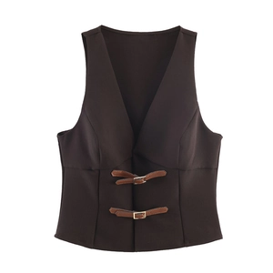 Women's V-neck sleeveless dark brown vest top with premium leather buckle details