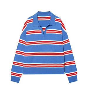 Detailed view of striped long sleeve knit sweater with V-neck polo collar and relaxed fit