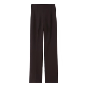 Pantalon large à taille haute marron foncé avec pli central élégant et coupe fluide