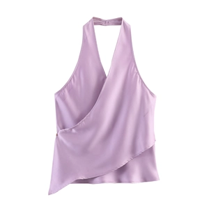 Detailed view of lavender satin halter top with v-neck wrap and asymmetric hem