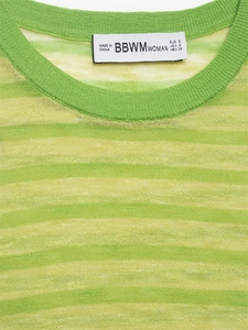 Détail du col rond et de l'étiquette de marque sur un pull en tricot à rayures jaunes et vertes
