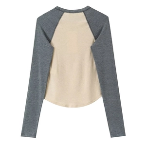 T-shirt femme à manches raglan contrastées en maille beige et gris foncé chiné