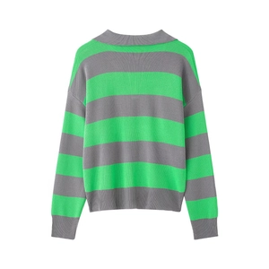 Women's chic striped knit sweater in vibrant green and dark grey horizontal patterns