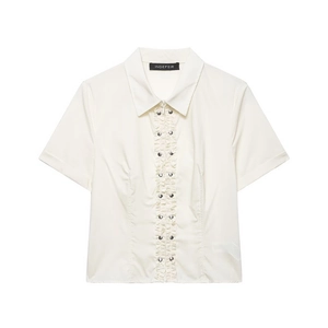 Chemise à Manches Courtes Style Français Avec Volants et Rivets Pour Femmes Élégante Fermeture Éclair Blanc Casual Blouse