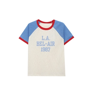 Amerikanisches Retro Raglan-T-Shirt mit L.A. BEL-AIR 1987 Print in Elfenbein und Blau