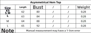Size chart for asymmetrical hem top showing length and bust measurements from XS to L