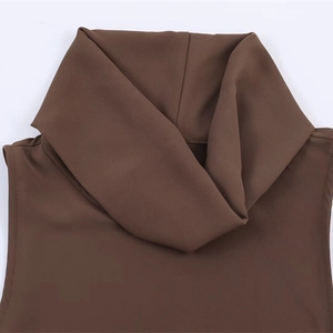 Deep brown high neck sleeveless top with asymmetrical hem in premium fabric