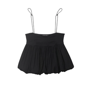 Women Sexy Black Adjustable Spaghetti Strap Bubble Hem Pleated Camisole Top Fashion Solid Color Streetwear Sleeveless Vest