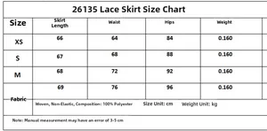 Detailed size chart for lace satin skirt featuring waist hip and length measurements