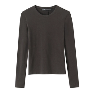 Slim fit charcoal grey long sleeve T-shirt with a classic round neck for women