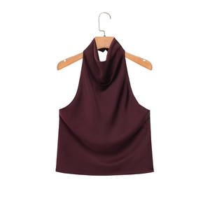 Elegant wine red satin halter top with a stylish cowl neck on a wooden hanger