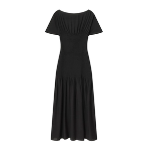 Slim fit black smocked midi dress featuring elegant cap sleeves and pleated waistline
