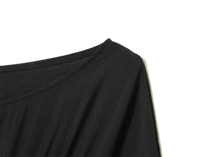 Close-up of the neckline on a black fitted dress showing high-quality stitching detail