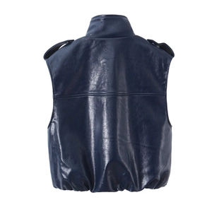 Gilet in pelle PU blu scuro con collo alto e spalline, vista posteriore del gilet lucido