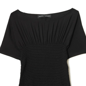 Women's black off-shoulder knit dress with smocked waist and elegant batwing sleeves