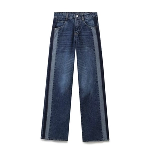 Damen-Denim-Jeans mit weitem Bein und blauem Patchwork-Seitenstreifen-Design